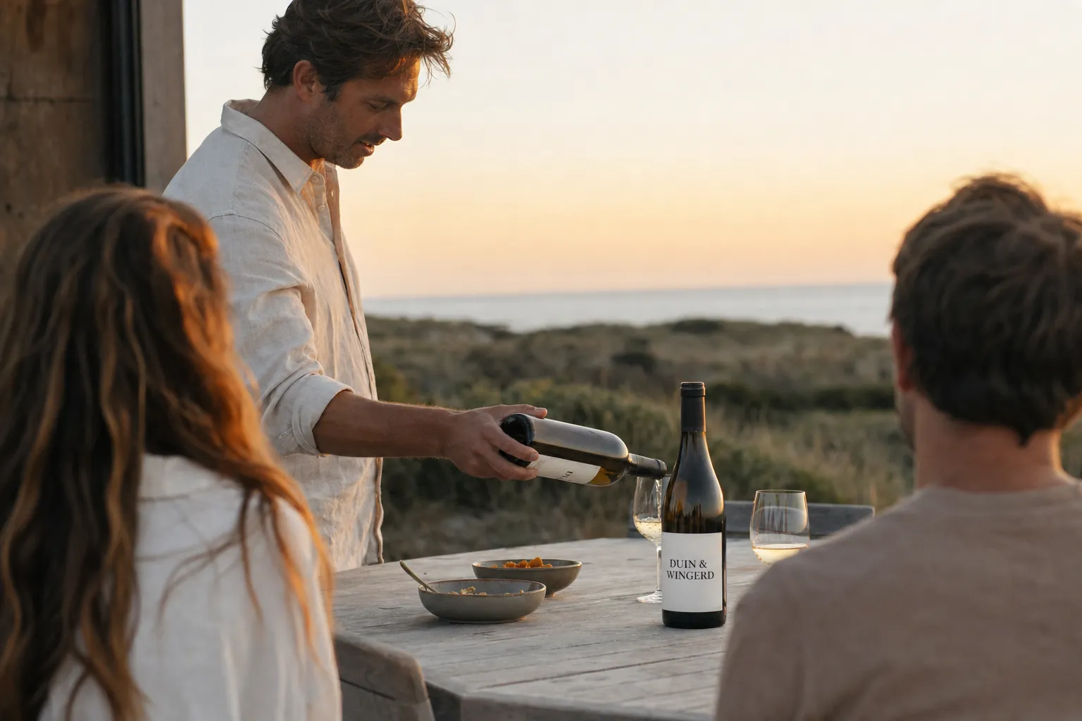 A winemaker pouring Duin and Wingerd for two guests at an outdoor table in the dunes at dusk
