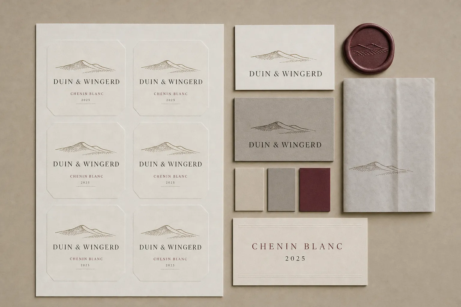 The Duin and Wingerd identity laid out on sand-coloured paper: labels, business cards, a wine-red wax seal, stamped tissue, colour chips and a tasting card