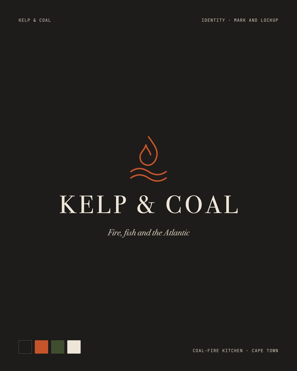 The Kelp and Coal identity on charcoal: an ember flame-over-wave mark above the wordmark in a Bodoni serif, with ember, kelp green and bone swatches